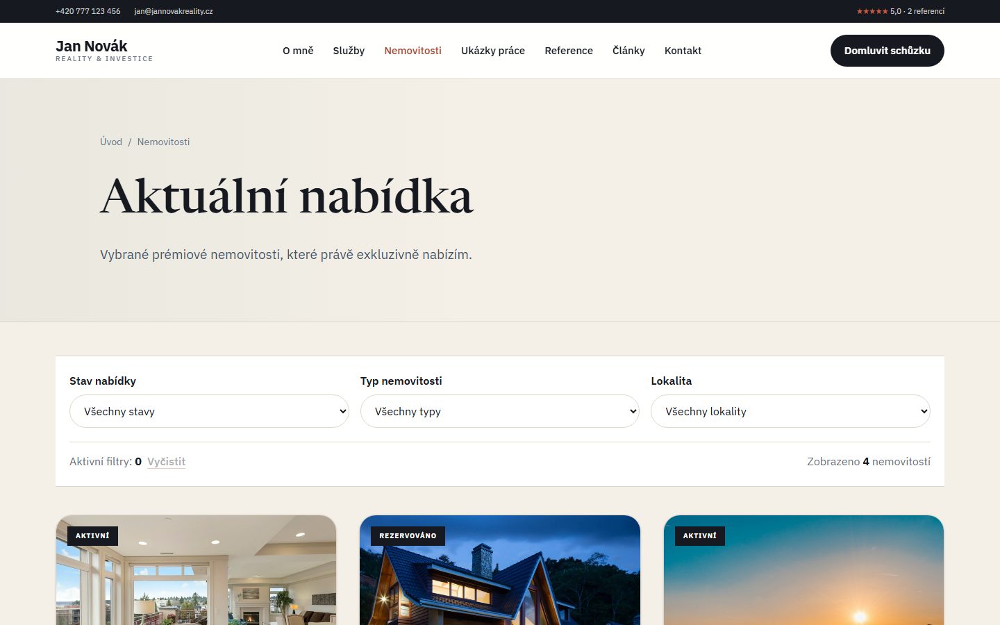 Přehled nemovitostí v šabloně Osobní značka makléře